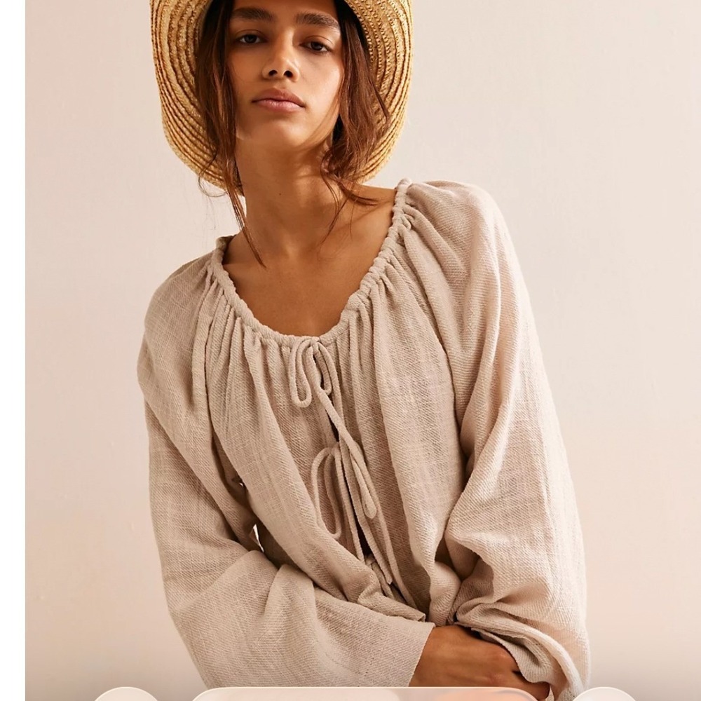 Free People free-est Riviera Top XS Beige Cotton Tie Front Blouse OB2112558